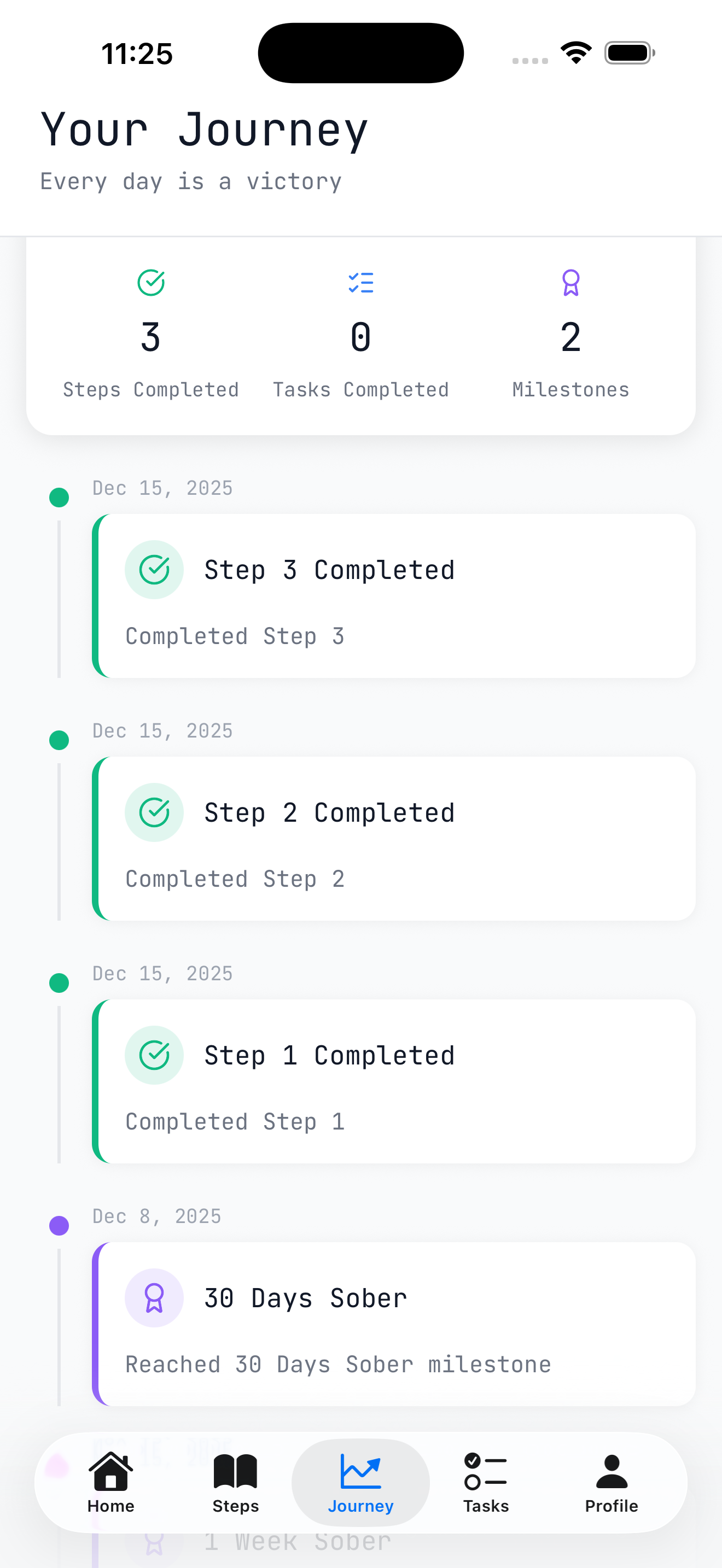 Journey timeline showing milestones and progress